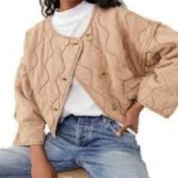 NWT FREE PEOPLE gwynnie quilted crop jacket in champagne diamonds size large - Picture 2 of 15
